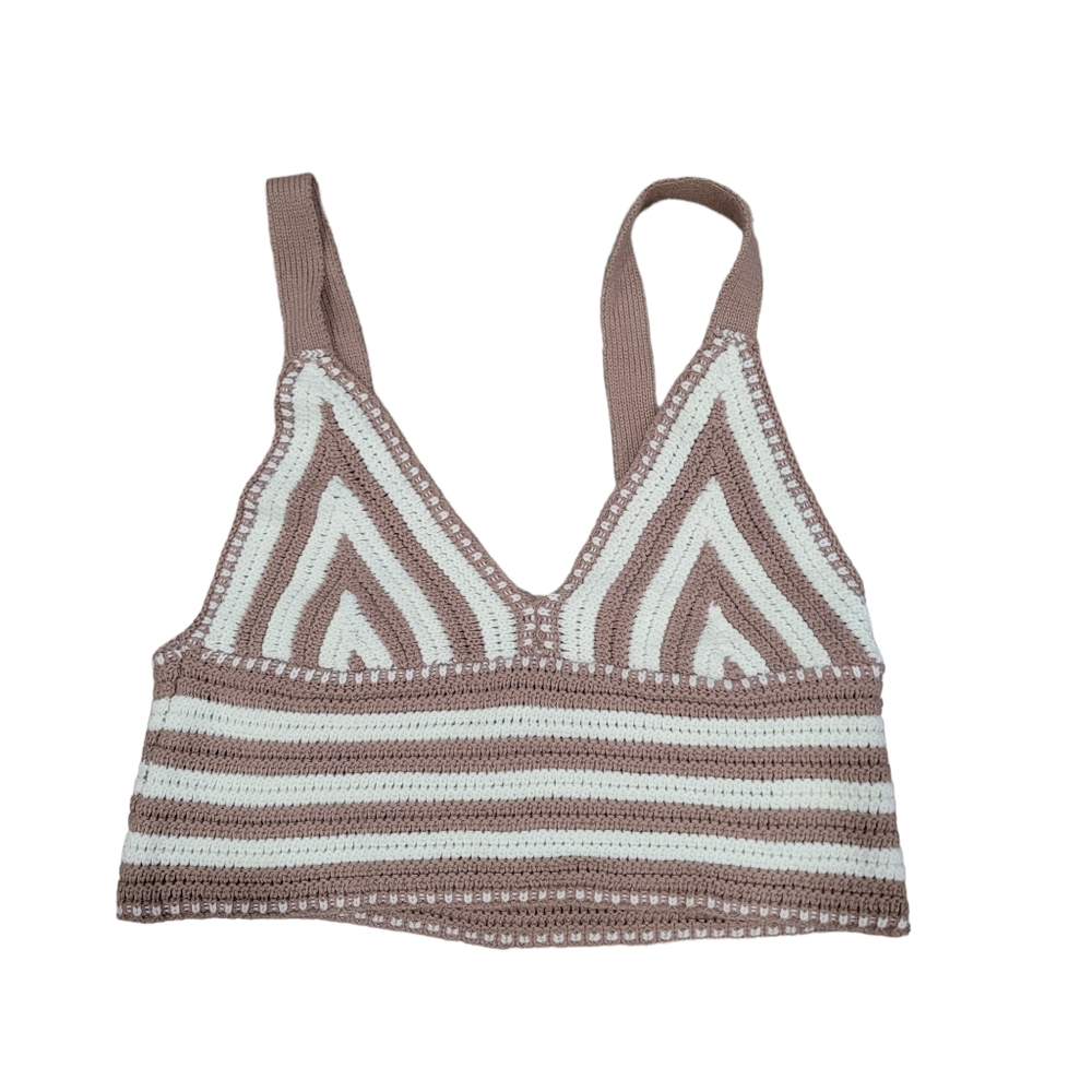 Hazel Moon Crochet Crop Top Beige White Striped‎ Tank Boho Women’s Size Small